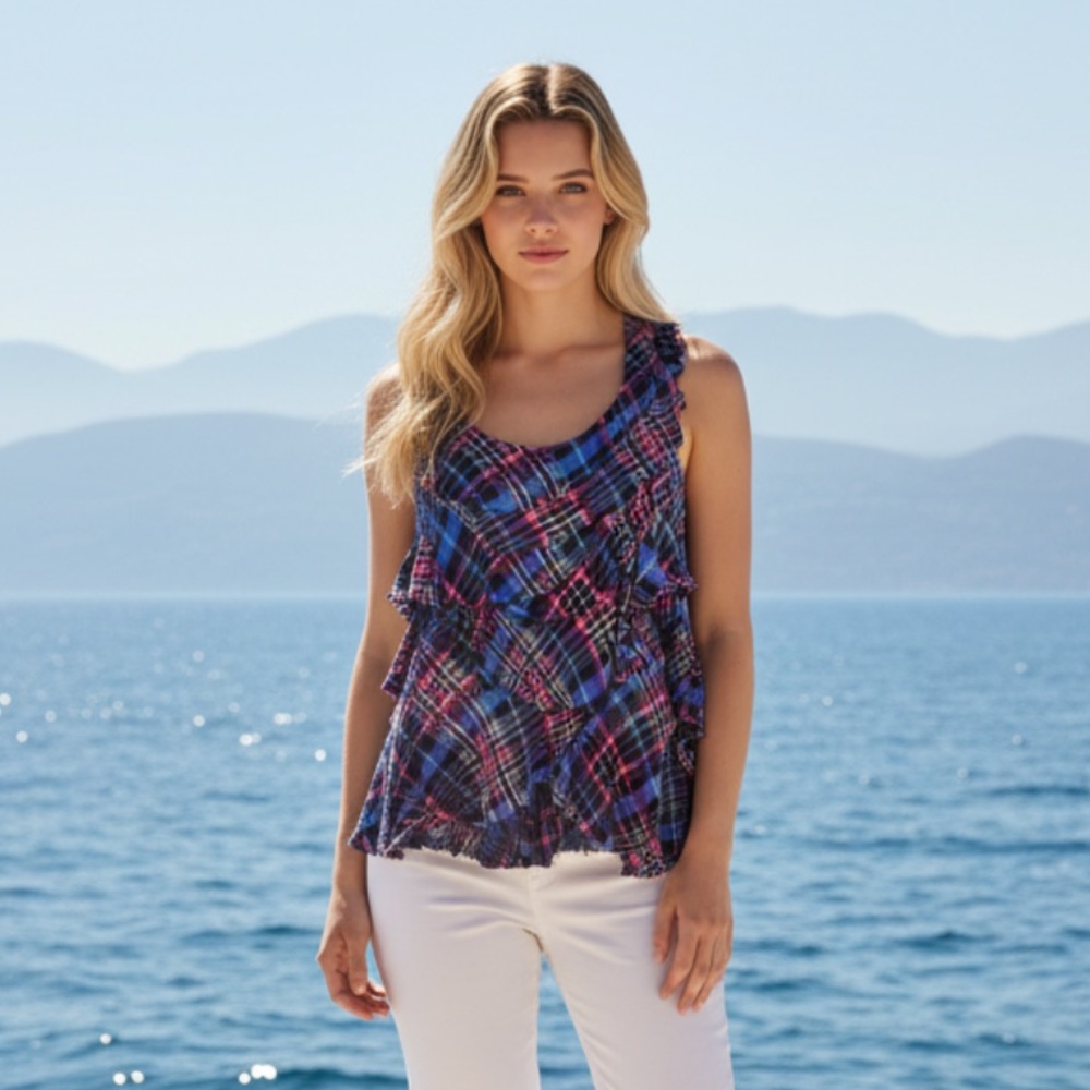 FREE PEOPLE Blouse Halter Plaid Ruffle Sleeveless Boho Top